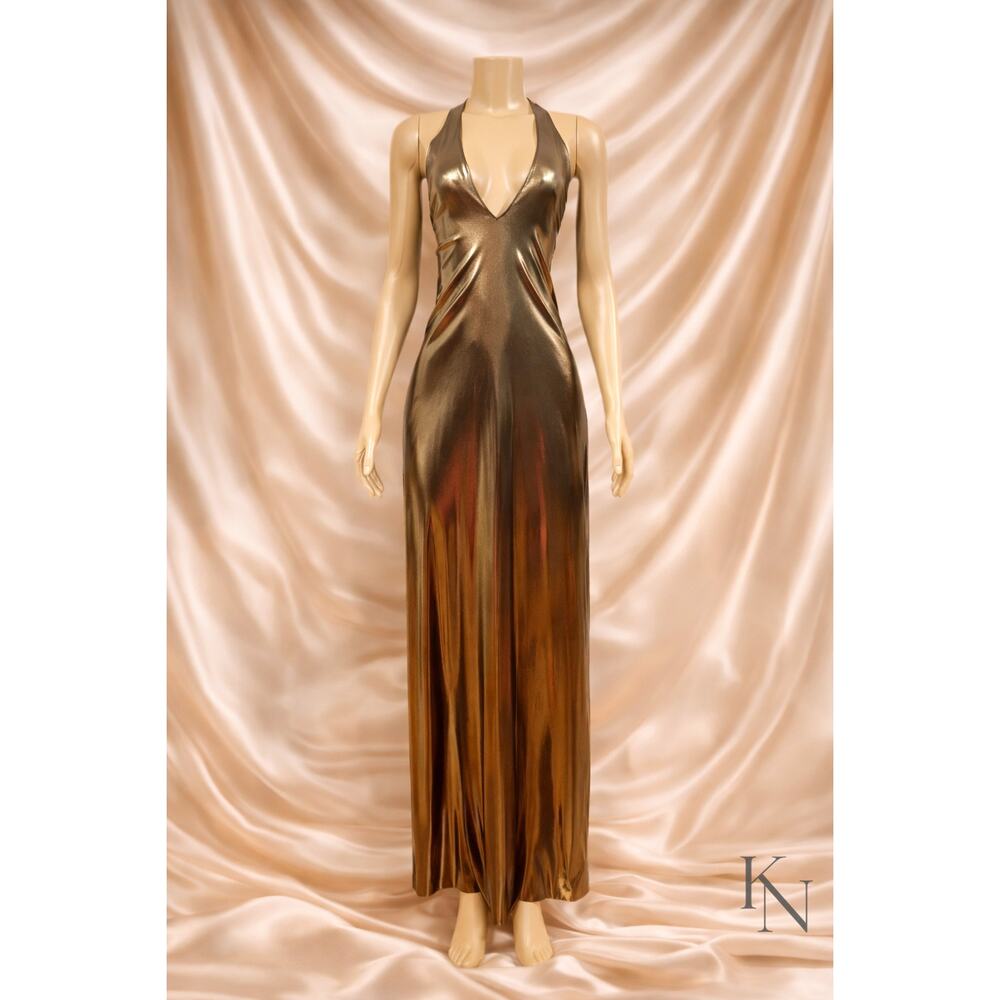 Victoria’s Secret Bronze Metallic Halter Maxi Dress Open Back Size L